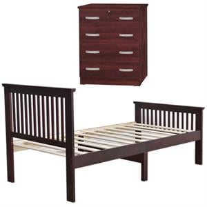 Home Square 2-Piece Set with Pine Twin Bed and Dresser with Lock in Mahogany