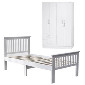 Home Square 2-Piece Set with Twin Bed and 4-Doors 2-Drawers Armoire in White