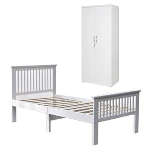 Home Square 2-Piece Set with Twin Bed & Armoire Wardrobe Cabinet in White