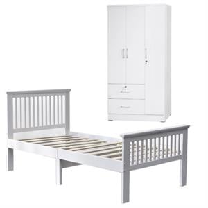 Home Square 2-Piece Set with Pine Twin Bed and Wardrobe Armoire Closet in White