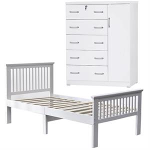 Home Square 2-Piece Set with Twin Bed and 5-Drawer Tall Chest Wardrobe in White