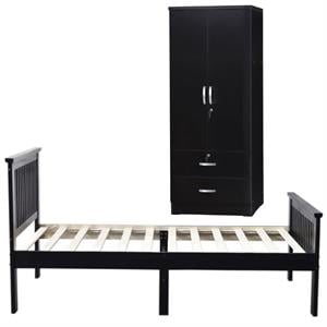Home Square 2-Piece Set with Twin Bed & 2-Door Wardrobe Armoire in Black
