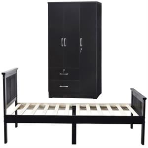 Home Square 2-Piece Set with Twin Bed & Wardrobe Armoire Closet in Black