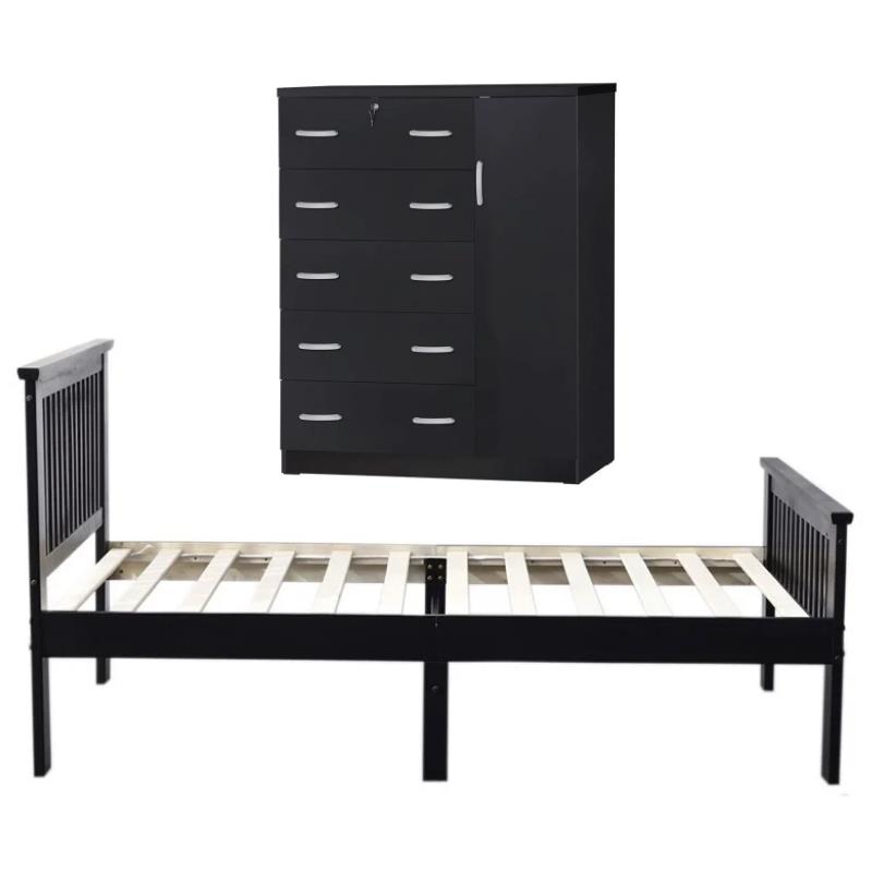 Home Square 2-Piece Set with Twin Bed & 5-Drawer Tall Chest Wardrobe in Black