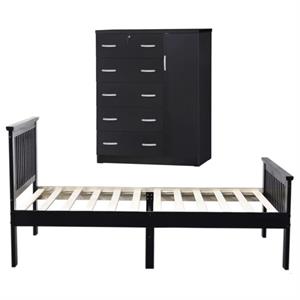 Home Square 2-Piece Set with Twin Bed & 5-Drawer Tall Chest Wardrobe in Black