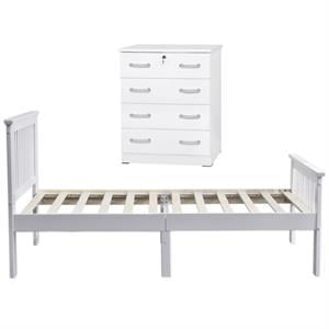 Home Square 2-Piece Set with Twin Bed 4-Drawer Chest Dresser with Lock in White