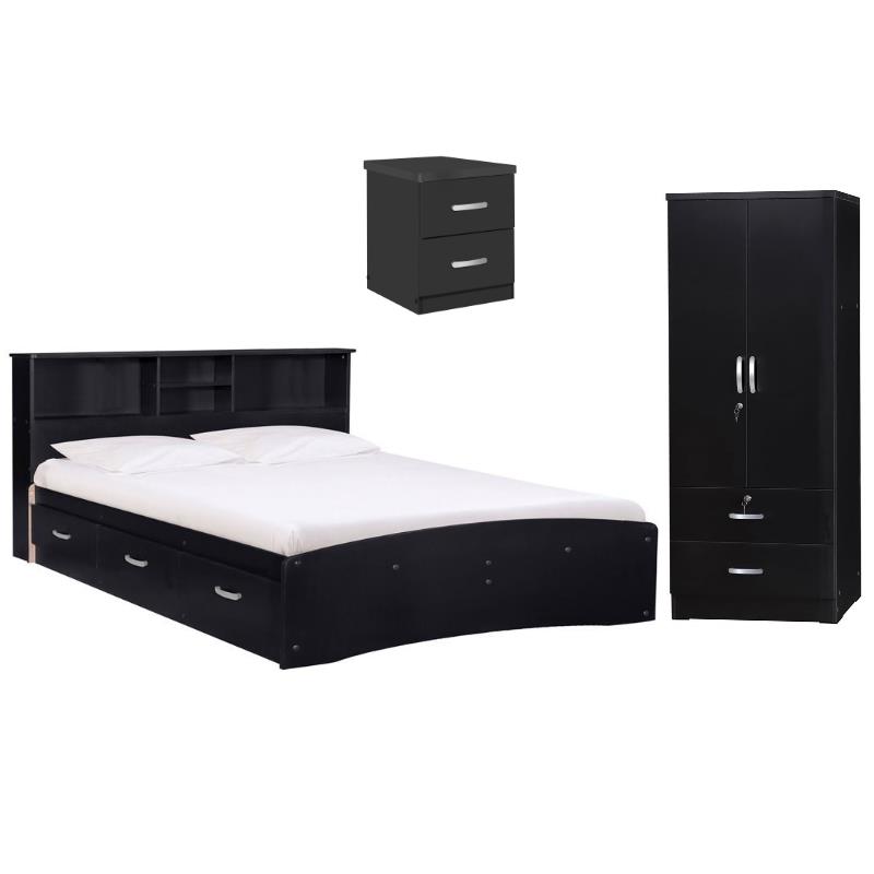Home Square 3-Piece Set with Queen Captains Bed Wardrobe Armoire & Nightstand