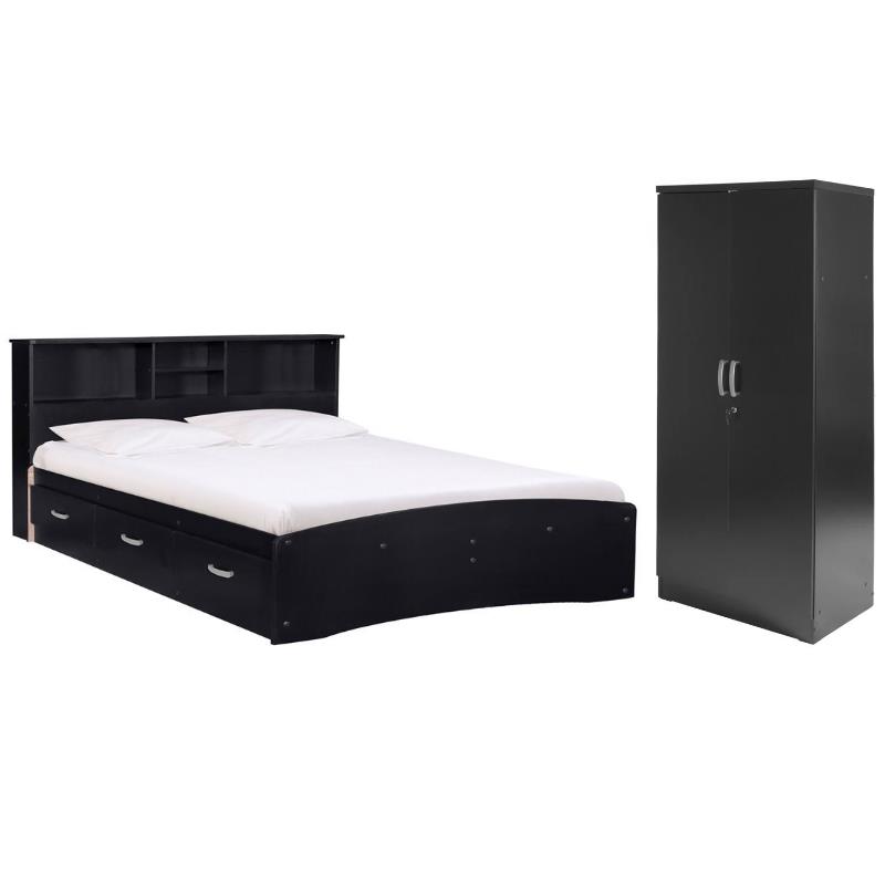 Home Square 2-Piece Set with Queen Captains Bed and Armoire Wardrobe Cabinet