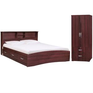 home square 2-piece set with queen bed and 2-door wardrobe armoire in mahogany
