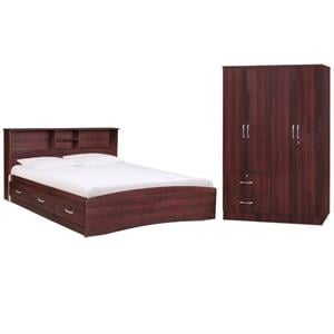 Home Square 2-Piece Set with Queen Bed and 4-Doors 2-Drawers Armoire in Mahogany
