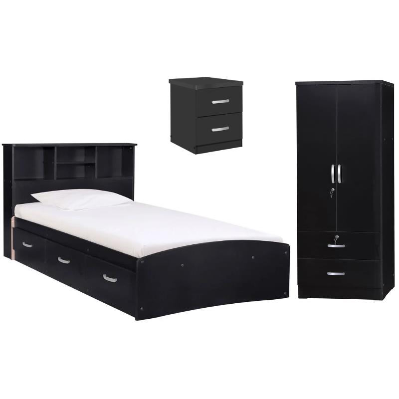 Home Square 3-Piece Set with Twin Bed 2-Door Wardrobe Armoire & Nightstand