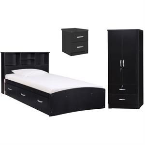 Home Square 3-Piece Set with Twin Bed 2-Door Wardrobe Armoire & Nightstand