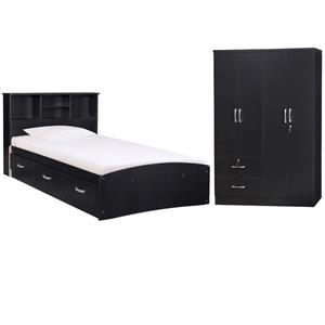 Home Square 2-Piece Set with Twin Captains Bed and 4-Doors 2-Drawers Armoire