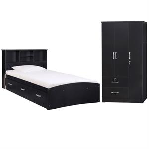 Home Square 2-Piece Set with Twin Captains Bed & Wardrobe Armoire Closet