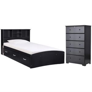 Home Square 2-Piece Set with Twin Captains Bed & 5-Drawer Chest Dresser in Black