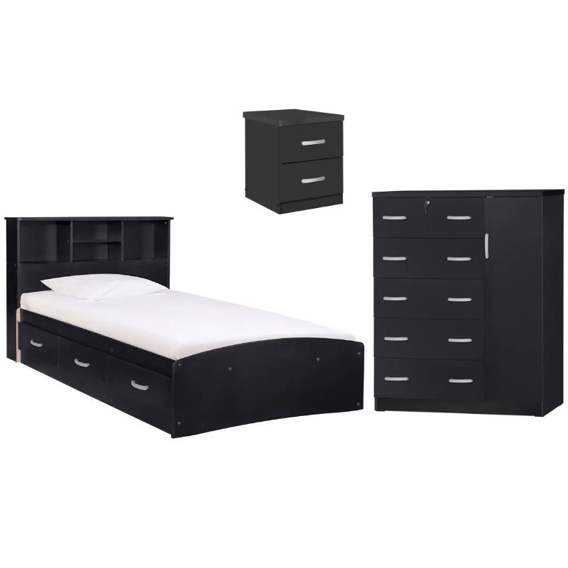 Home Square 3-Piece Set with Twin Bed Tall Chest Wardrobe & Nightstand in Black