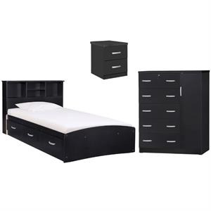Home Square 3-Piece Set with Twin Bed Tall Chest Wardrobe & Nightstand in Black
