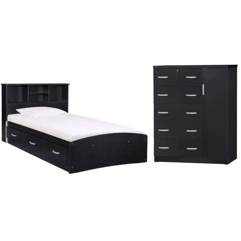 Home Square 2-Piece Set with Twin Captains Bed & 5-Drawer Tall Chest Wardrobe