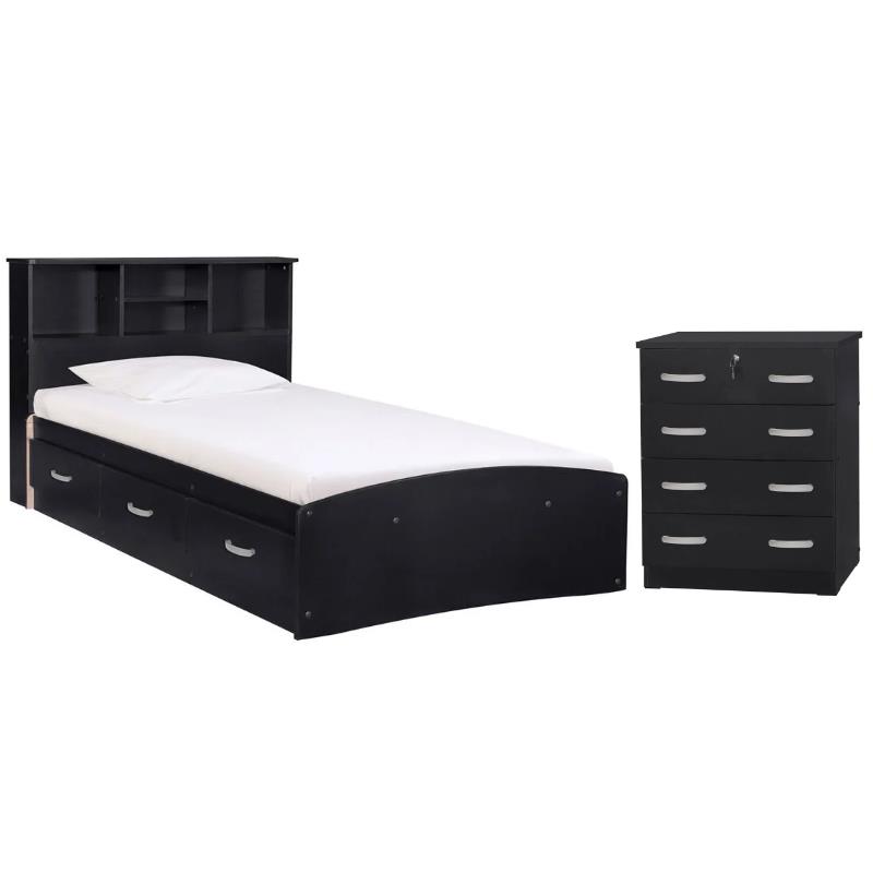 Home Square 2-Piece Set with Twin Captains Bed & Dresser with Lock in Black