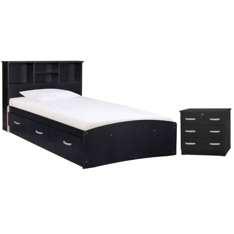 Home Square 2-Piece Set with Twin Captains Bed & Chest Bedroom Dresser in Black
