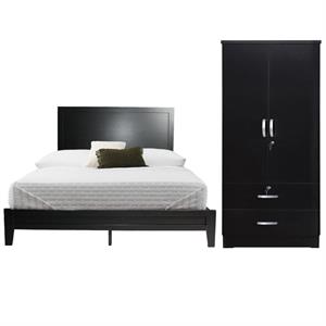 Home Square 2-Piece Set with Queen Platform Bed and Wardrobe Armoire in Black
