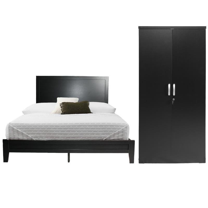 Home Square 2-Piece Set with Queen Platform Bed & Armoire Wardrobe Cabinet