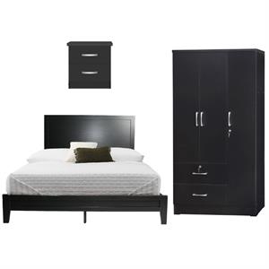 Home Square 3-Piece Set with Queen Bed Wardrobe Closet and Nightstand in Black