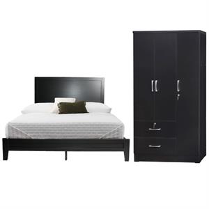 Home Square 2-Piece Set with Queen Platform Bed Wardrobe Armoire Closet in Black
