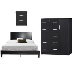 Home Square 3-Piece Set with Queen Bed Tall Chest Wardrobe & Nightstand in Black