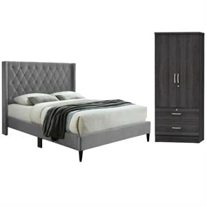 Home Square 2-Piece Set with Queen Platform Bed 2-Door Wardrobe Armoire in Gray