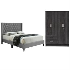 Home Square 2-Piece Set with Queen Platform Bed and 2-Drawers Armoire in Gray