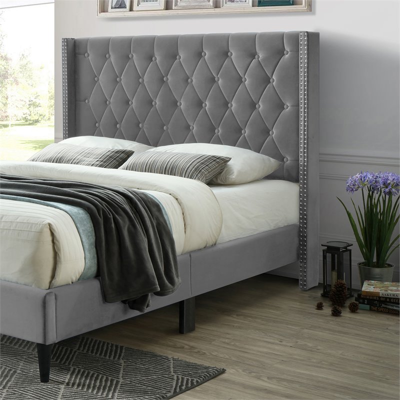 Home Square 2-Piece Set with Queen Platform Bed Wardrobe Armoire Closet in Gray
