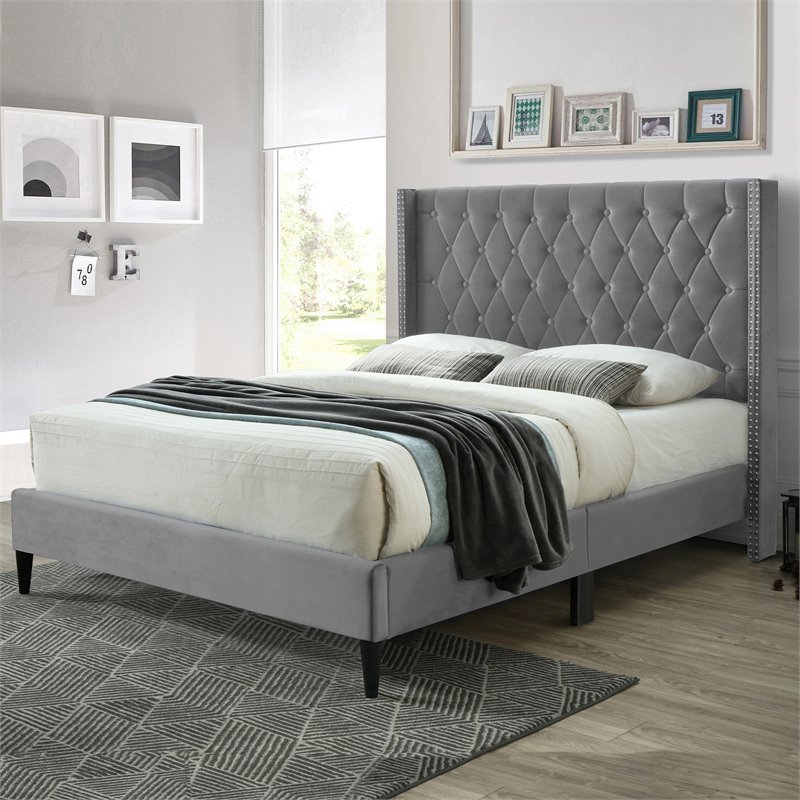 Home Square 2-Piece Set with Queen Platform Bed Wardrobe Armoire Closet in Gray
