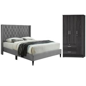 Home Square 2-Piece Set with Queen Platform Bed Wardrobe Armoire Closet in Gray