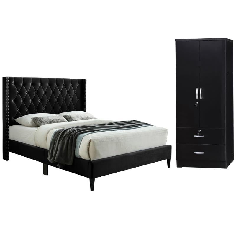 Home Square 2-Piece Set with Queen Platform Bed & 2-Door Wardrobe Armoire