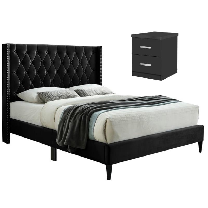 Home Square 2-Piece Set with Tufted Queen Platform Bed and 2-Drawer Nightstand