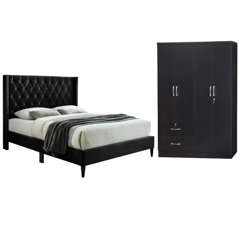 Home Square 2-Piece Set with Tufted Queen Bed and 4-Doors 2-Drawers Armoire
