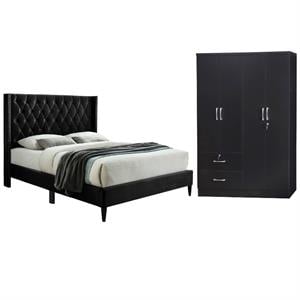 Home Square 2-Piece Set with Tufted Queen Bed and 4-Doors 2-Drawers Armoire