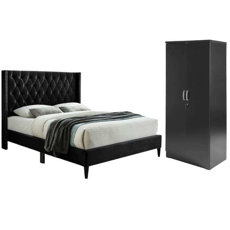 Home Square 2-Piece Set with Tufted Queen Bed and Armoire Wardrobe Cabinet