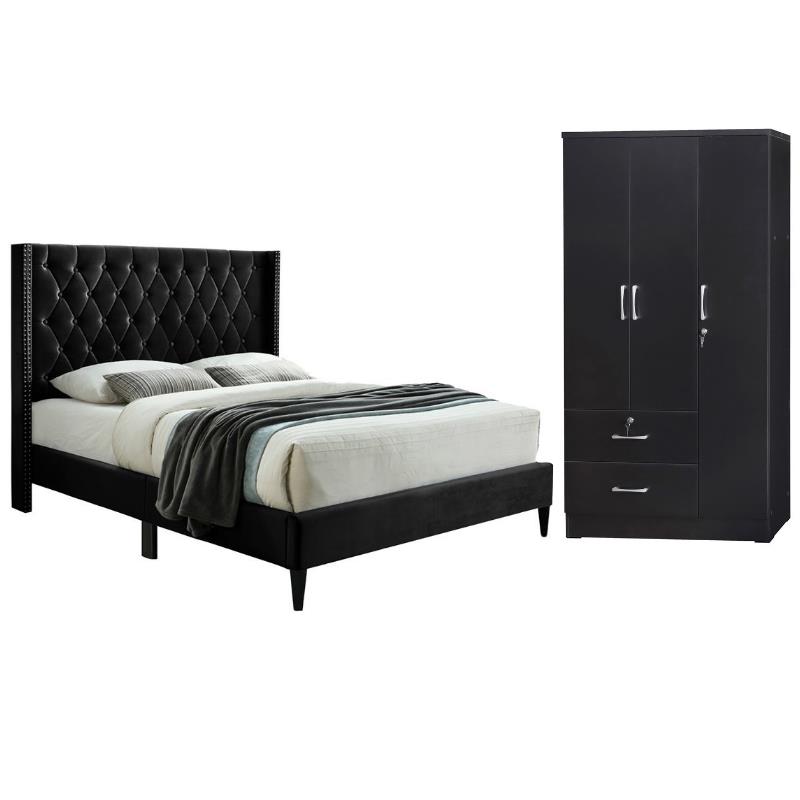 Home Square 2-Piece Set with Tufted Queen Bed and Wardrobe Armoire Closet
