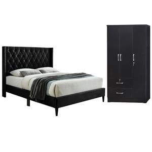 Home Square 2-Piece Set with Tufted Queen Bed and Wardrobe Armoire Closet