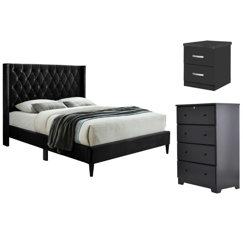 Home Square 3-Piece Set with Tufted Queen Bed 4-Drawer Chest Dresser Nightstand