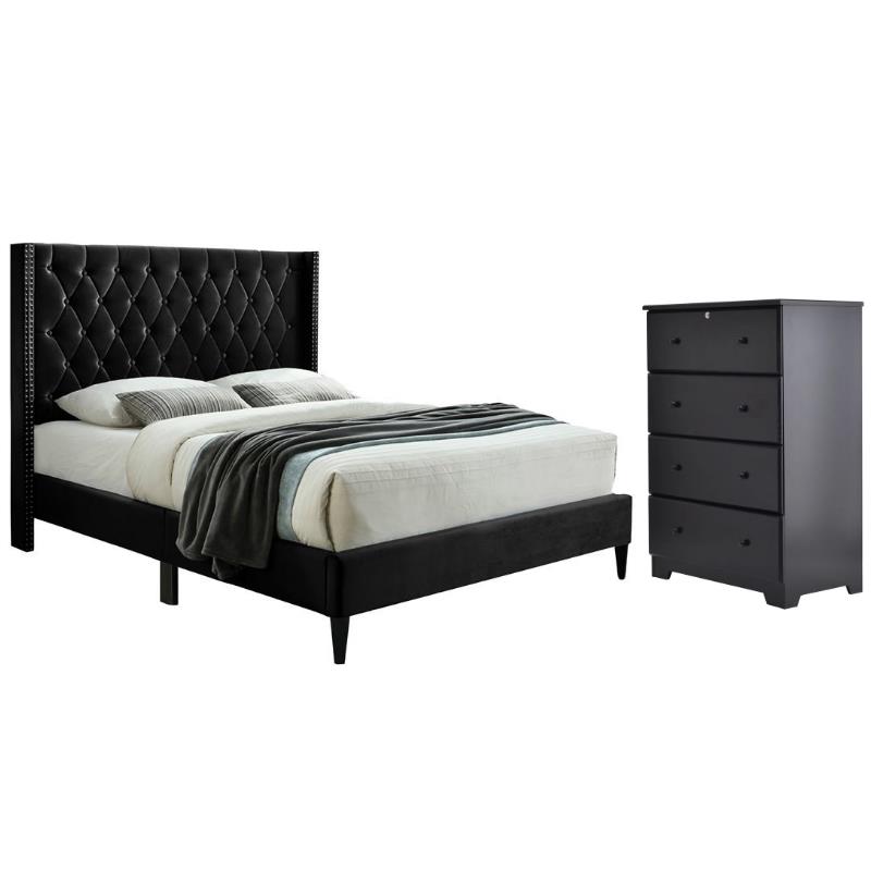 Home Square 2-Piece Set with Tufted Queen Bed & 4-Drawer Chest Dresser in Black
