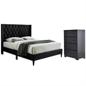 Home Square 2-Piece Set with Tufted Queen Bed & 4-Drawer Chest Dresser in Black