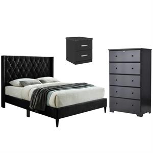 Home Square 3-Piece Set with Tufted Queen Bed 5-Drawer Chest Dresser Nightstand