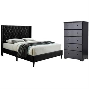Home Square 2-Piece Set with Tufted Queen Bed & 5-Drawer Chest Dresser in Black