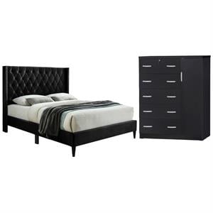 Home Square 2-Piece Set with Tufted Queen Bed & 5-Drawer Tall Chest Wardrobe