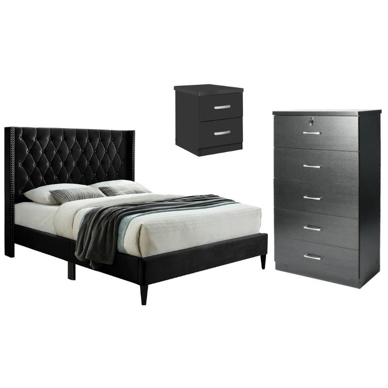 Home Square 3-Piece Set with Tufted Queen Bed Chest Bedroom Dresser & Nightstand