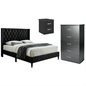 Home Square 3-Piece Set with Tufted Queen Bed Chest Bedroom Dresser & Nightstand