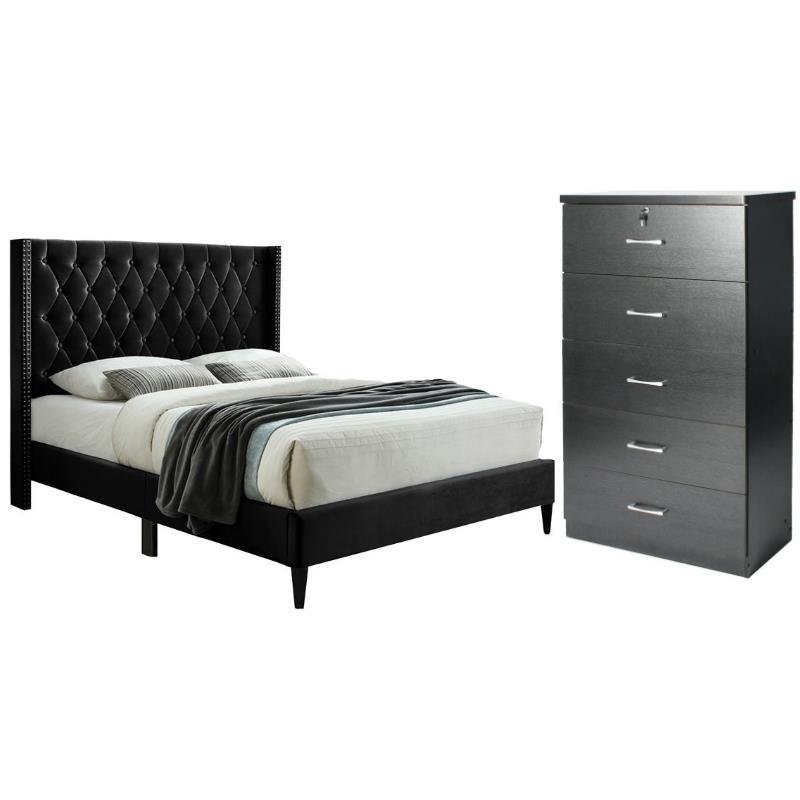 Home Square 2-Piece Set with Tufted Queen Bed & 5-Drawer Chest Bedroom Dresser
